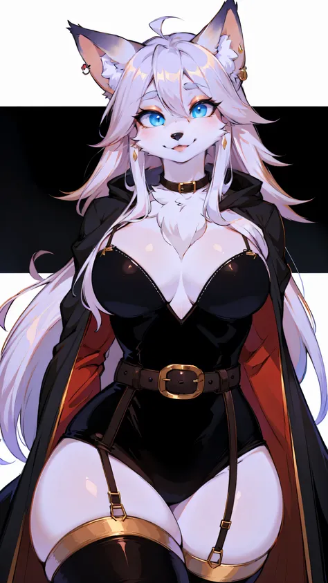 cute,furry_girl,wolf_girl,Elegant figure,Models body_type,detailed_eyes,silver_hair,cute_ears,wolf_ears,black robe,leggings,fluffy_furs,earrings,upper body,stocking with garterbelt,neck garter,(perfect detailed eyes:1.5),jewelry, blank eyes,brooch,smiling,...