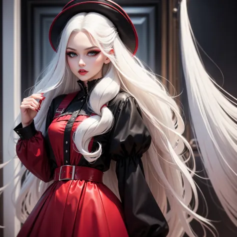 Retro 90s vintage style, long white hair, red eyeshadow, medium lashes, wears black clothing