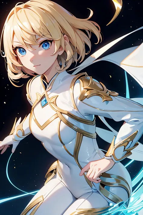 Anime girl with short blond hair and blue eyes in a white suit, белый suit with gold, concept art, inspired by Lee Chevalier, ArtStation, fantasy art, portrait girl knights of the zodiac, girl knights of the zodiac, very detailed exquisite fanart, Extremel...