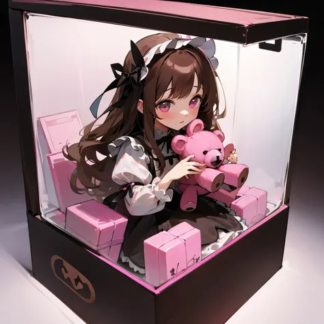 girl、Brown Hair、Gothic Lolita、pink、Teddy bear、inside a transparent box