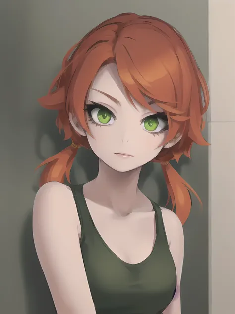 1girl,solo,upper body,looking at viewer,facing viewer,short low twintails,orange curly hair,(((green eyes))),white tanktop