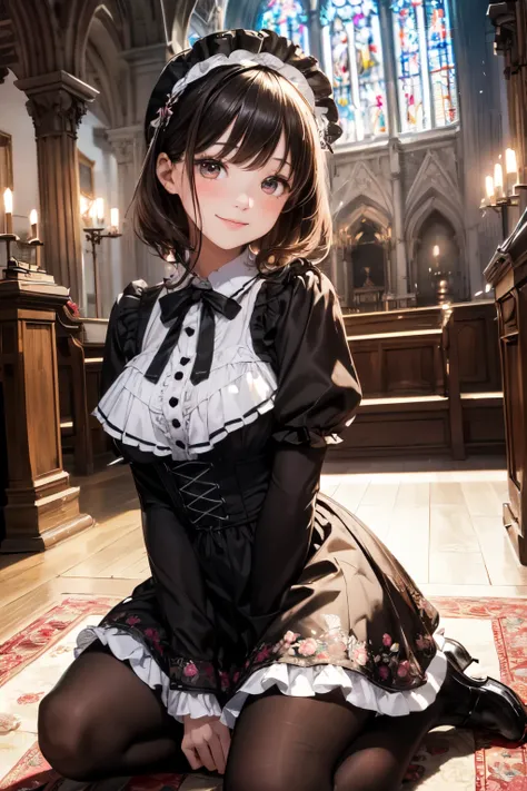 very cute and beautiful girl,(highly detailed beautiful face and eyes),(smile),blush,embarrassed,black hair,looking at viewer,
(floral pattern brown lolita dress with detailed frills),detailed lace,
kneeling,arms behind back,altar,church,indoors,
(best qua...