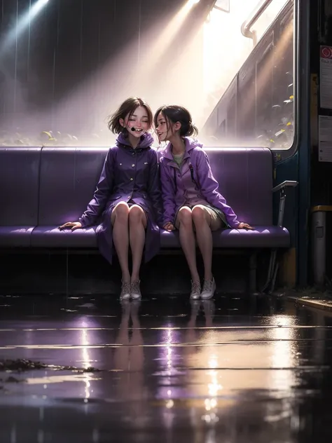 masterpiece, best quality, 2girls, (closeup), 18yo teen, slim, open purple raincoat, sitting, in abandoned train, hugging, lode, smile, heavy rain, downpour, flood, wasteland, grey, desolate, rain, sunny, (sun rays:1.3), watercolor,