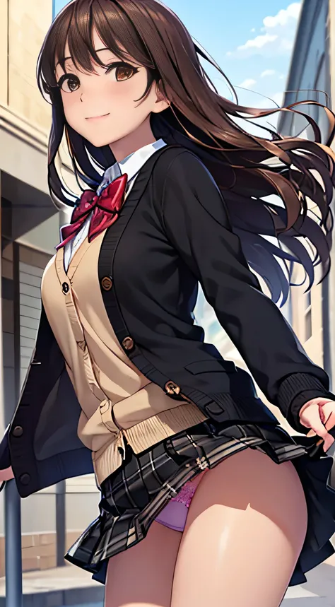 ((Tabletop, highest quality, High resolution, , Perfect Pixel,  4K,))), 1 high school girl, single, alone, beauty、The whole body is visible、 ((Mid-wave hair, bangs, Brown Hair)), ((Brown eyes, Beautiful eyelashes, Realistic eyes)), ((Detailed face, Blushin...