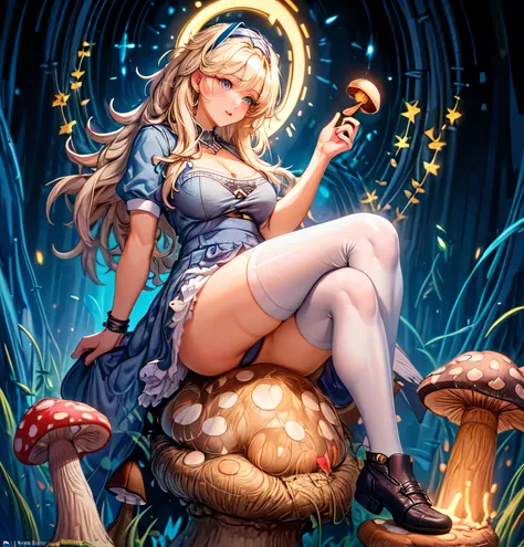 a beautiful 20 year old blonde woman with big messy hair in a blue dress, white stockings, black headband, cleavage, holding a glowing mushroom, fantasy art style, highest quality, masterpiece, 8k, 超A high resolution, beautiful face, 