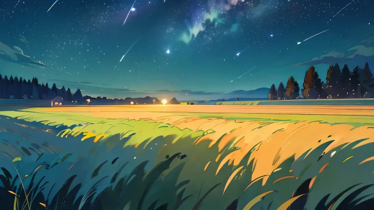 green field, under moonlight, stars, wide