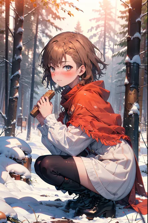 mycotrose, brown eyes,brown hair,short hair,smile,blush,white breath,
open your mouth,snow,ground bonfire, outdoor, boots, snowi...