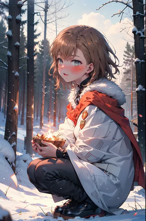 mycotrose, brown eyes,brown hair,short hair,smile,blush,white breath,
open your mouth,snow,ground bonfire, outdoor, boots, snowi...