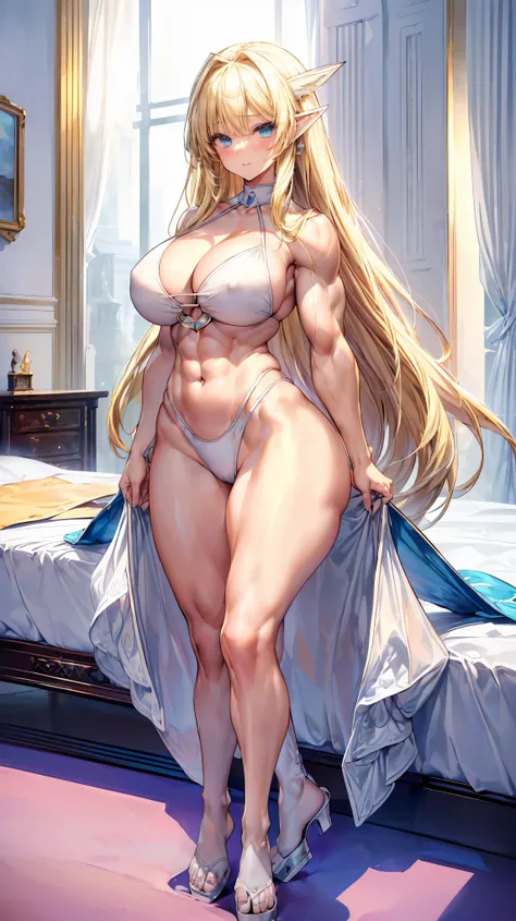 Very detailed、highest quality、Best image quality、masterpiece、8k、Anime Face、A kind smile、(Open your mouth:1.3)、Sparkling blue eyes、(Blonde semi-long hair:1.5)、(Muscles of the whole body:1.3)、(High leg:2.0)、Thigh belt、(White high cut bikini:1.5)、(Upper body ...