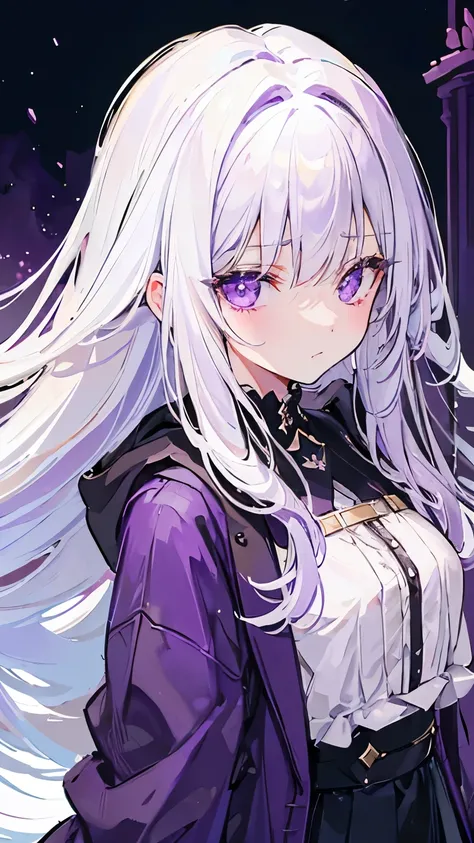 white haired girl with purple eyes married to a dark purple haired man with purple eyes