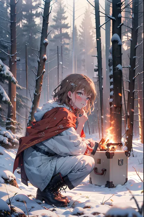 mycotrose, brown eyes,brown hair,short hair,smile,blush,white breath,
open your mouth,snow,ground bonfire, outdoor, boots, snowi...