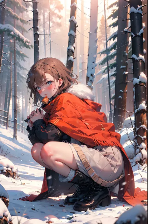 mycotrose, brown eyes,brown hair,short hair,smile,blush,white breath,
open your mouth,snow,ground bonfire, outdoor, boots, snowi...