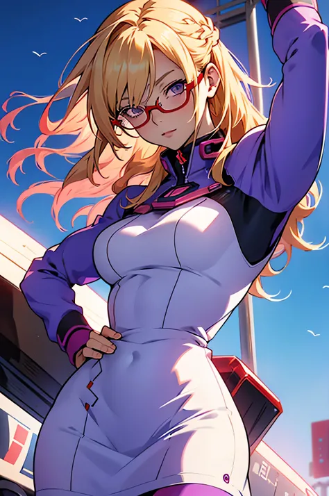 anime,An illustration,purple robot,Mobile Suit,Dom,Light blue check dress,Red glasses,Blonde,Light blue mesh hair,beautiful girl,Sora Sakurano,one person