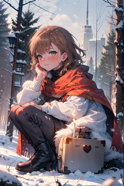 mycotrose, brown eyes,brown hair,short hair,smile,blush,white breath,
open your mouth,snow,ground bonfire, outdoor, boots, snowi...