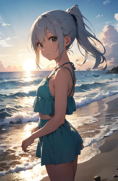 Silver-haired girl drawn in high resolution Japanese anime style、Standing alone on the white sand beach of a deserted island。She is wearing a gorgeous yellow bikini.、Her hair is in a ponytail that sparkles in the light......。The sea in the background shine...