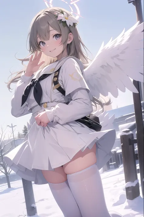 (masterpiece:1.3), (absurdres:1.3), (best quality:1.3), (ultra-detailed:1.3), snow, outdoors, full body, waving, smile, 1girl, nagisa-fi, halo, white wings, long sleeves, white dress, sailor collar, capelet, white skirt, black pantyhose, white high heels,B...