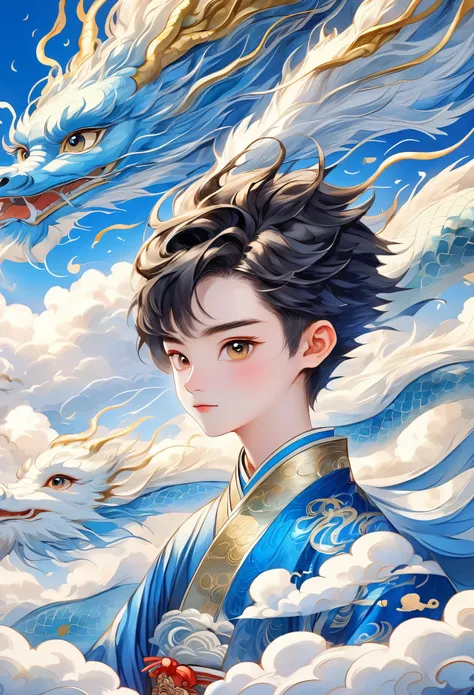 hand-drawn style：粗糙的texture，1 boy，short fluffy hair，hanfu，cloud，dragon，beautiful details，texture，blue and gold