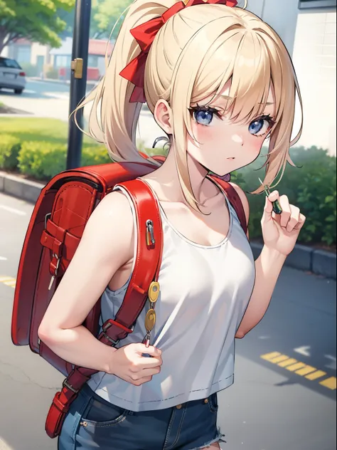 masterpiece, hd, a young woman wear white tanktop, blonde hair, ponytail, 18 y.o, shortpants, carry backpack, (red backpack:1.0)...