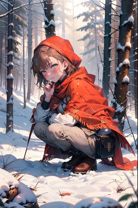 mycotrose, brown eyes,brown hair,short hair,smile,blush,white breath,
open your mouth,snow,ground bonfire, outdoor, boots, snowi...