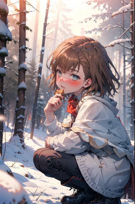 mycotrose, brown eyes,brown hair,short hair,smile,blush,white breath,
open your mouth,snow,ground bonfire, outdoor, boots, snowi...