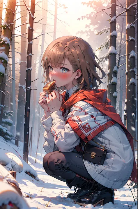 mycotrose, brown eyes,brown hair,short hair,smile,blush,white breath,
open your mouth,snow,ground bonfire, outdoor, boots, snowi...