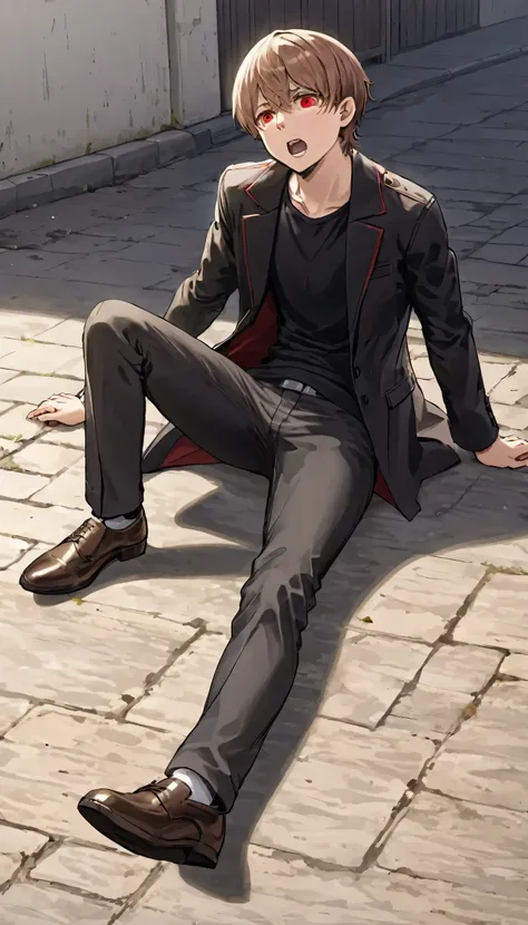 Side view, 1man, light brown hair, red eyes, black jacket, white sando, black pants, brown shoes, laying down at ground, shocked face out, male protagonist, worms eye view, foreshortening, absurdres, high res, ultrasharp, 8K, masterpiece,