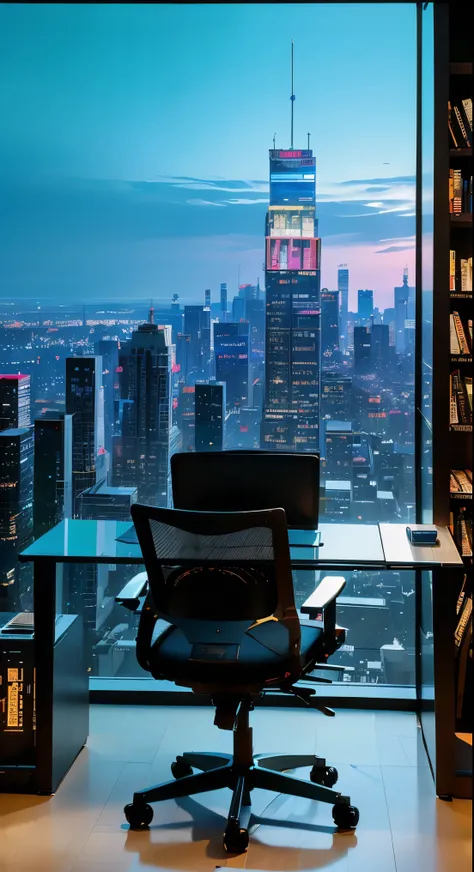 (best quality,4k,8k,highres,masterpiece:1.2),ultra-detailed,(realistic,photorealistic,photo-realistic:1.37),office in a skyscraper in a big city,handsome male cyborg sitting in a luxurious chair,modern glass windows,cityscape in the background,expansive vi...