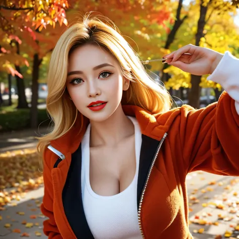 raw, best quality, high resolution, masterpiece: 1.3, busty blonde woman, wearing a cute jacket, masterpiece, vibrant color, rea...