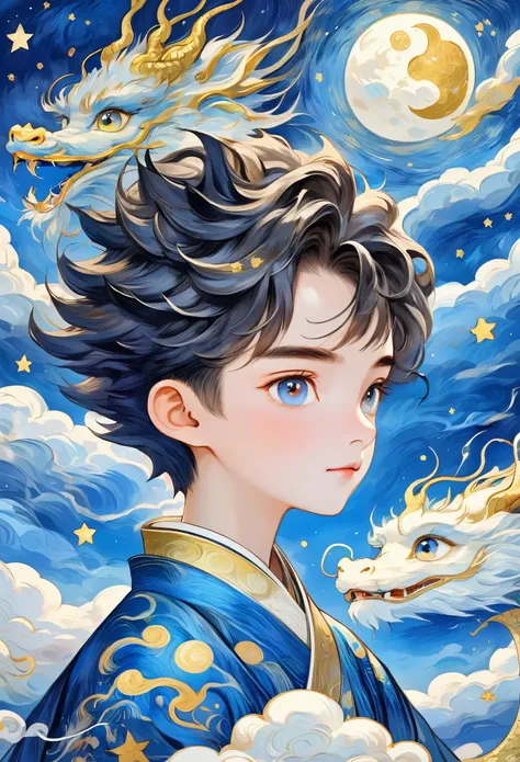 hand-drawn style：粗糙的texture，1 boy，short fluffy hair，surprise hair，bright eyes，hanfu，cloud，star，moon，dragon，beautiful details，tex...