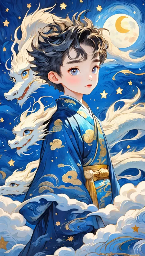 hand-drawn style：粗糙的texture，1 boy，unique，short fluffy hair，surprise hair，bright eyes，hanfu，cloud，star，moon，dragon，beautiful deta...