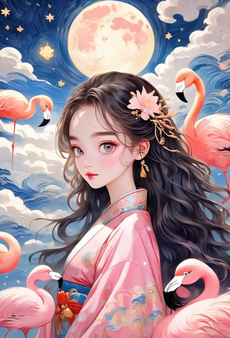 hand-drawn style：粗糙的texture，1 girl，bright eyes，beautiful face，fluffy messy long hair，delicate hair，hanfu，human anatomy is correc...