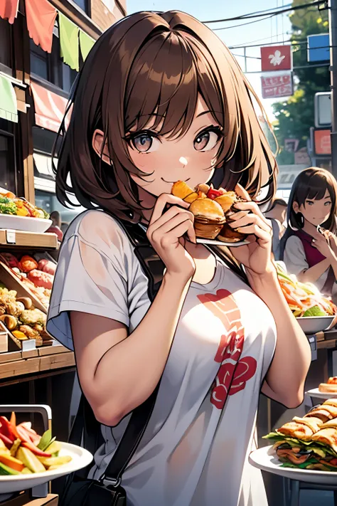 one girls with light brown hair and hazel eyes, a short bob, enlarged depiction of the upper body, holds a plate with various street snacks in a high resolution, no background, smiling wide with a delighted expression, detailed limb depiction, wears a larg...