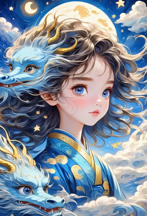 Hand-drawn style：粗糙的Texture，1 Boy，1 Girl，Beautiful face，Fluffy messy long hair，Surprise hair，big eyes，Bright Eyes，Delicate lashes，Hanfu，Human anatomy is correct。Cloud，Star，moon，dragon，Beautiful details，Texture，Blue and gold，Integrating into the art of Van ...