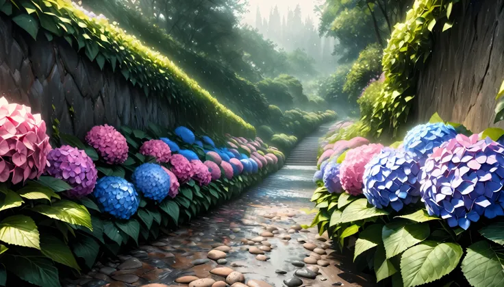 (highest quality:1.2, Very detailed, up to date, wallpaper, Ultra-high resolution, Photorealistic, masterpiece:1.2, highest quality, Best aesthetics),Hydrangea, garden, Light rain is falling, Small Slope, Pebble Road, Soft Light, Dark color palette, Loneli...