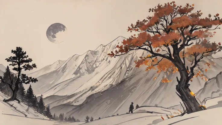 Mountains, Fall, Full Moon, Trees, firefly, Silhouette, Diaphragm.