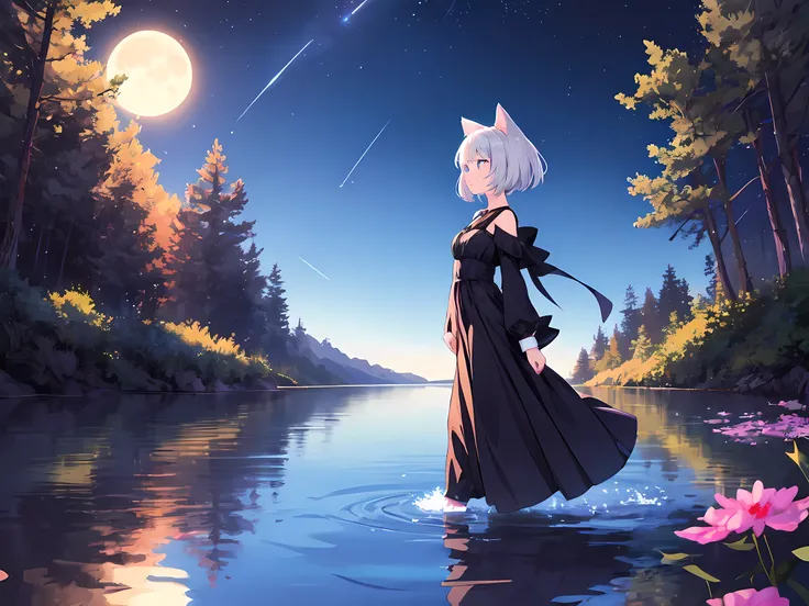 magical and serene dog girl with short silver hair, luminous black stardust gown, walking by a forest lake as she watches the mo...