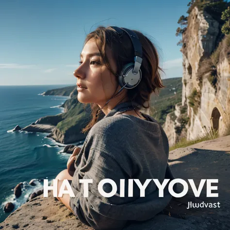 Create a podcast cover, with text: &quot;listen only to yourself&quot;. The cover should be of a woman on a cliff, listening to your heart through headphones.    The cover should symbolize the ability       "hear yourself" and follow your inner voice. 