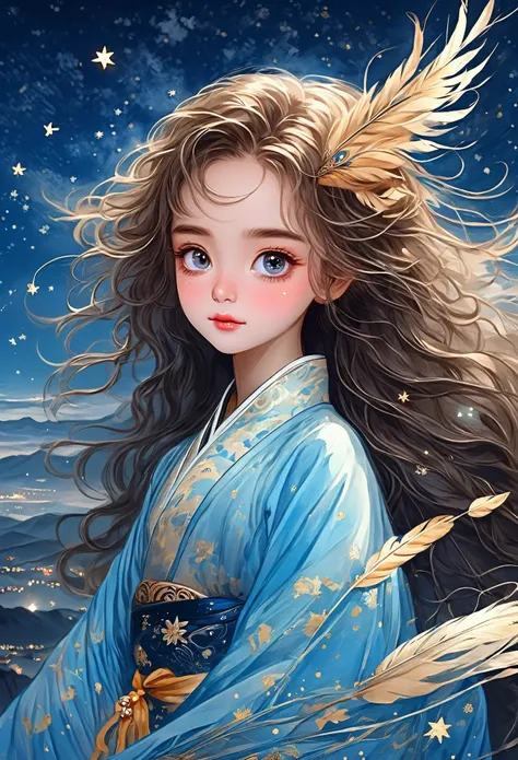 1 Girl，Beautiful face，big eyes，Bright Eyes，Delicate lashes，Fluffy messy long hair，Delicate hair，Hanfu，beautiful feathers，Human anatomy is correct。Sitting on the top of a mountain，Stars sparkle all around，There are some small stars scattered in the night sk...