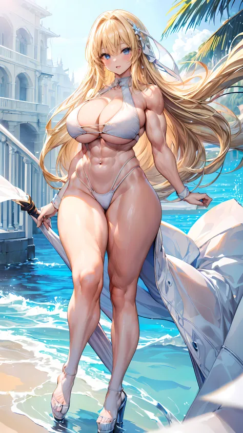 Very detailed、highest quality、Best image quality、masterpiece、8k、Anime Face、A kind smile、(Open your mouth:1.3)、Sparkling blue eyes、(Blonde semi-long hair:1.5)、(Muscles of the whole body:1.3)、(High leg:2.0)、Thigh belt、(White high cut bikini:1.5)、(Upper body ...