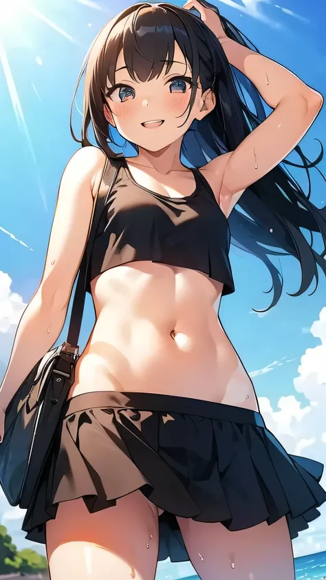 Best image quality,１People Girl,,Shiny Hair,black eye,Shining Eyes,smile,Double teeth,(Sunburn,Bikini Bag),sunflower,stream,Water Play,Wet,Cute tank top,mini skirt,girl,small,small breasts,Navel Fashion,View from below,A skirt that falls down to the waist,