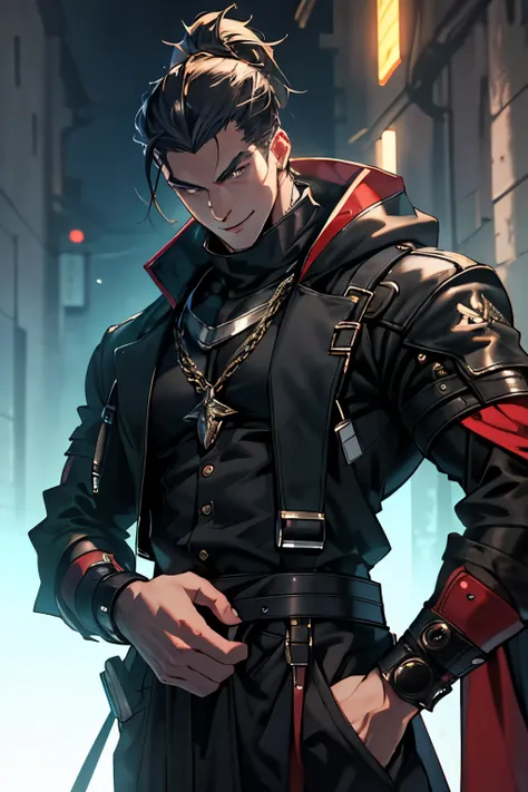 Anime boy, 25 years old, with back hair slicked back, a hand casually inserted in his pocket. His gaze exudes killer looks and a smile radiating confidence. In close up, his dangerous aura is palpable, powerful and alluring. He wears a cloak streetwear, ad...