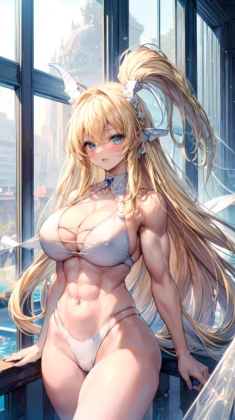 Very detailed、highest quality、Best image quality、masterpiece、8k、Anime Face、A kind smile、(Open your mouth:1.3)、Sparkling blue eyes、(Blonde semi-long hair:1.5)、(Muscles of the whole body:1.3)、(High leg:2.0)、Thigh belt、(White high cut bikini:1.5)、(Upper body ...