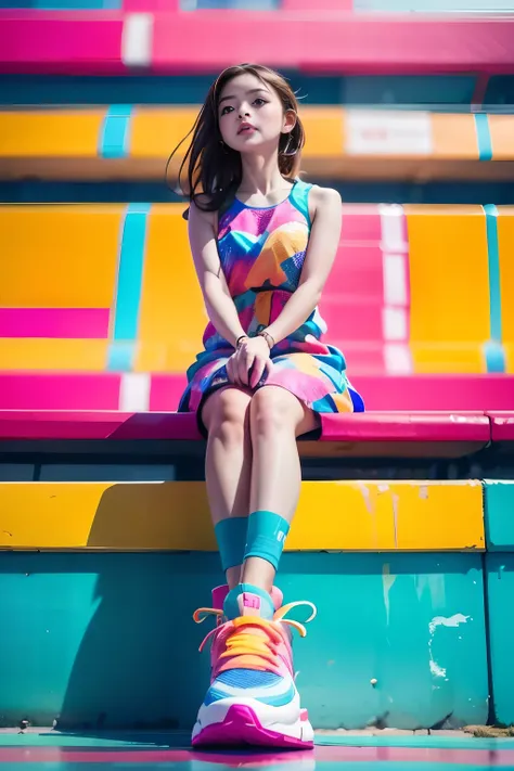 girl in colorful dress，(look up:1.5)，athletic sneakers，shallow space，urban architectural background，sit pose，best quality, maste...