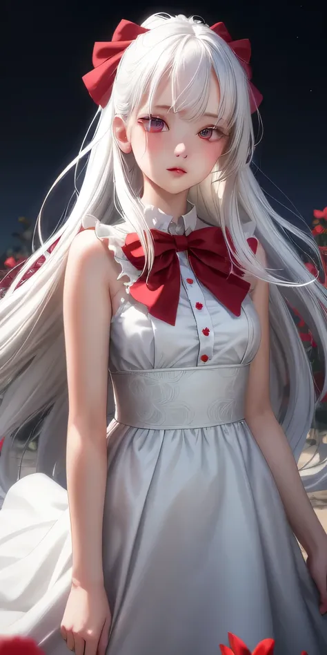 realistic, 1girl, white hair, long hair, red bow in hair, red eyes, glowing eyes, white dress, parted lips, blush, night, flowers, sun, sunlight,