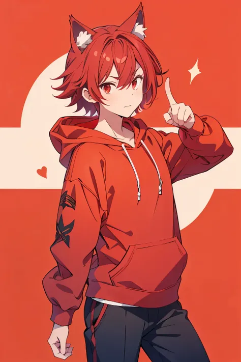 The photo shows a high school boy with red hair, wolf ears, wearing a red open hoodie, and pointing with his index finger.