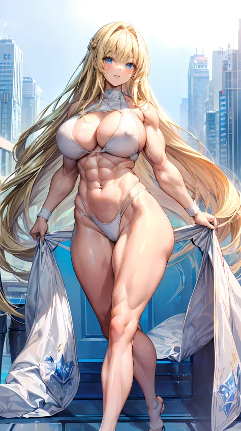 Very detailed、highest quality、Best image quality、masterpiece、8k、Anime Face、A kind smile、(Open your mouth:1.3)、Sparkling blue eyes、(Blonde semi-long hair:1.5)、(Muscles of the whole body:1.3)、(High leg:2.0)、Thigh belt、(White high cut bikini:1.5)、(Upper body ...