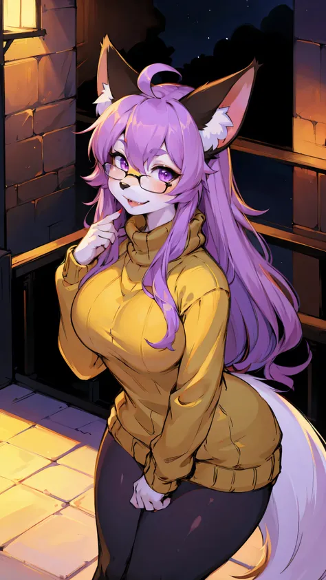 furry girl,(best quality, high-res, masterpiece:1.2), 1 girl, (looking at the audience), light purple hair, purple eyes, long flowing hair, Ahoge, sweater, sweater skirt, tights, 163cm tall, hair falling between the eyes, ample bosom, adult, 33 years old, ...