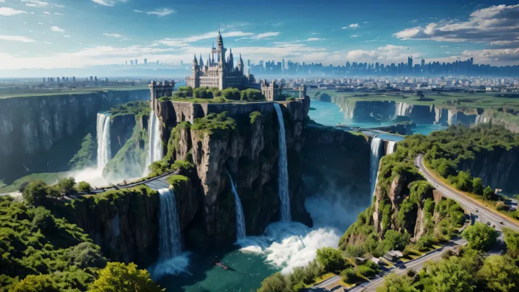 Huge castles and skyscrapers floating in the air Cyberpunk fantasy world Top quality ultra high definition utopia 8K Giant waterfalls nature