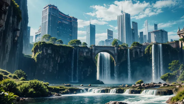 Huge castles and skyscrapers floating in the air Cyberpunk fantasy world Top quality ultra high definition utopia 8K Giant waterfalls nature