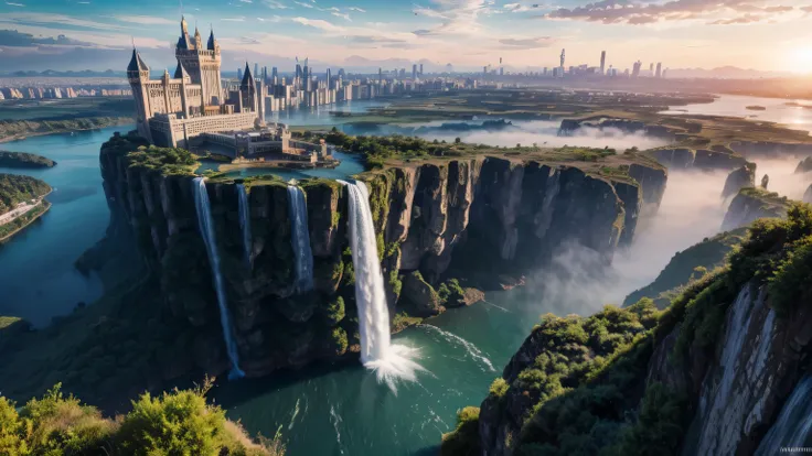 Huge castles and skyscrapers floating in the air Cyberpunk fantasy world Top quality ultra high definition utopia 8K Giant waterfalls nature